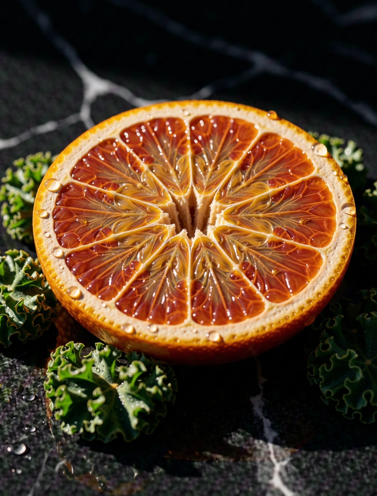 Macro texture of vibrant blood orange and kale