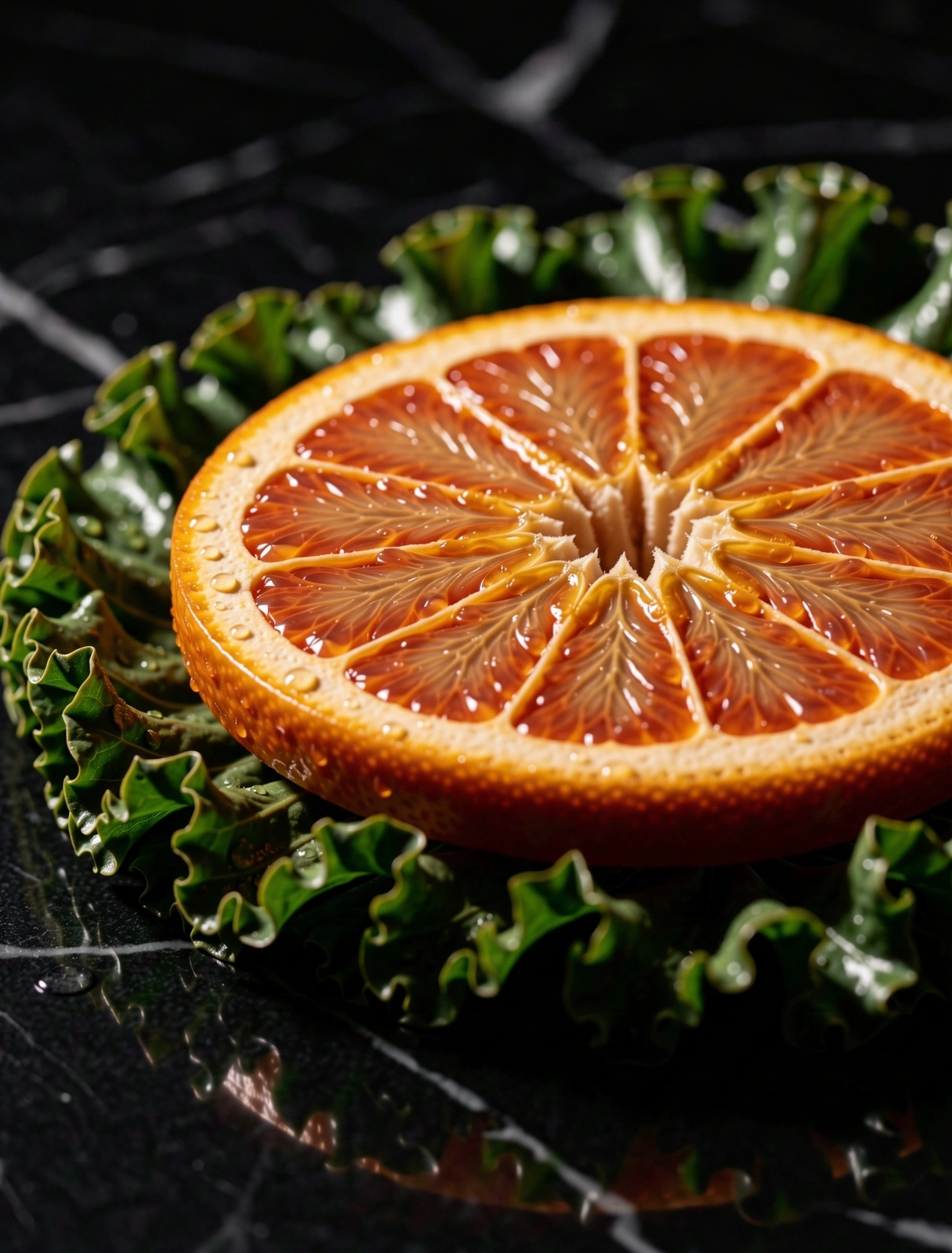 Fresh blood orange and kale macro photography